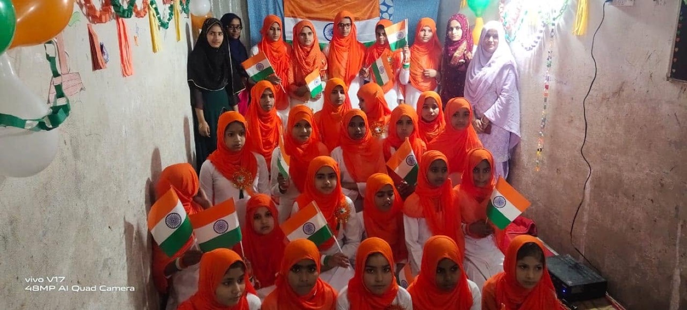 Students and their teachers at the Independence Day celebration